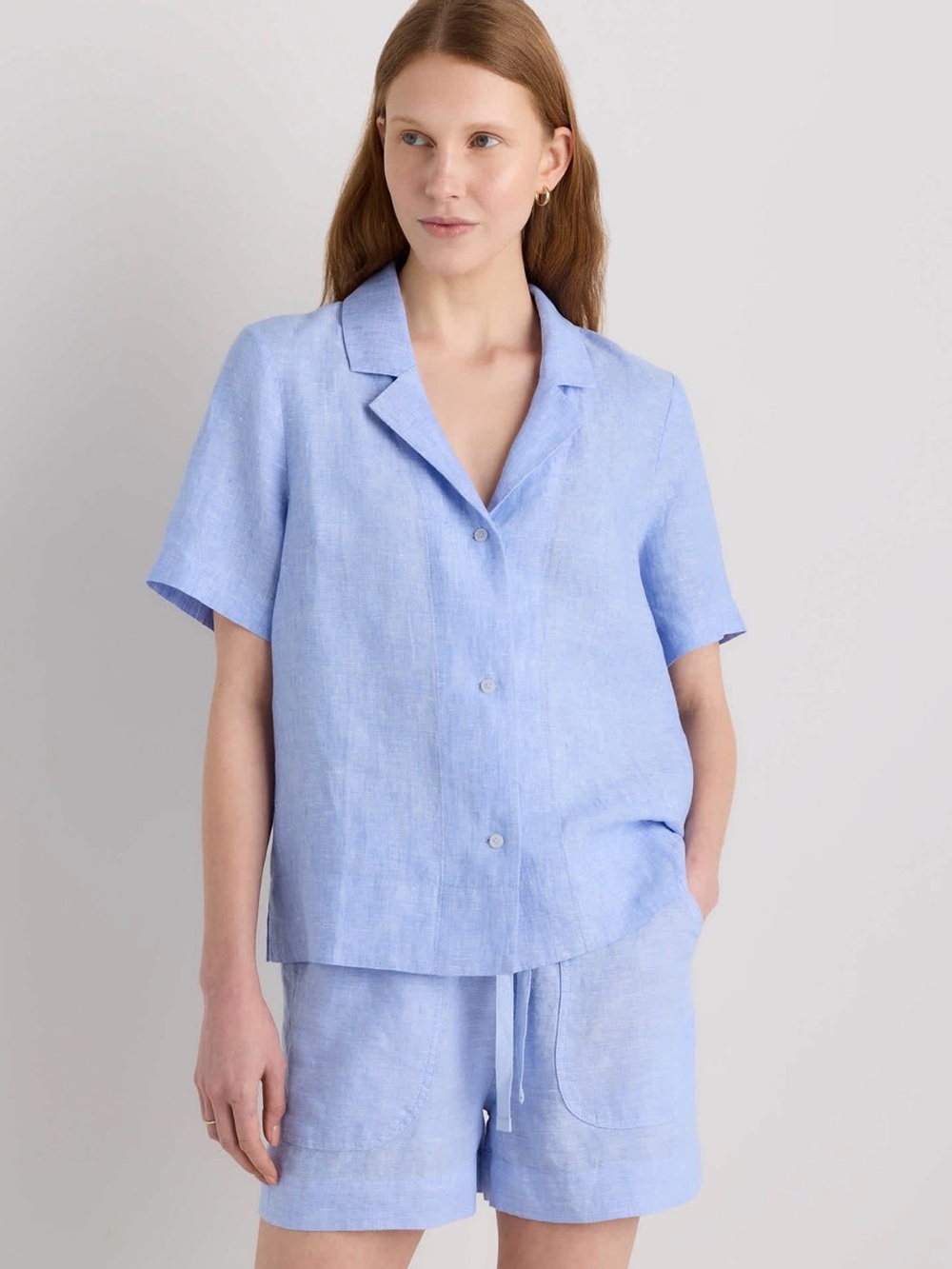 Quince 100% European Linen Button Down Shirt Short Sleeve Blue , XL